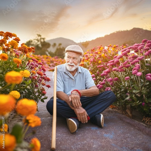 A old man holding a stick ,sitting on the centre of the road and crying for his oldage featuring his poor soul. surrounded by stunning flowers that fill the space with natural light © Attaullah