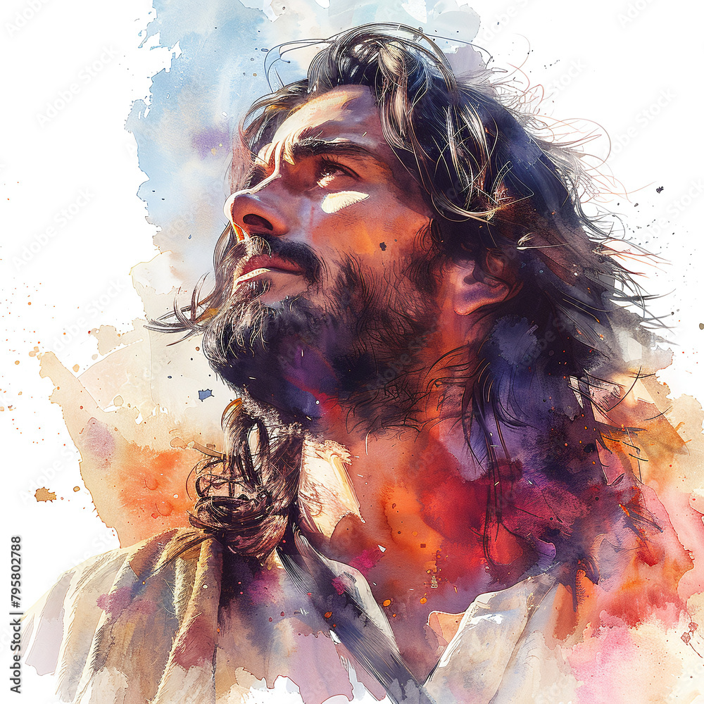 Fototapeta premium portrait of jesus of nazareth with crown of thorns in watercolor painting of jesus isolated against white background 