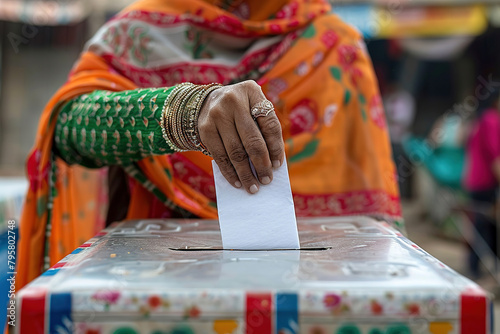 Indian woman putting white ballot in box during elections in India photo