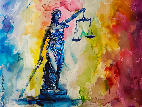 Rule of Law. Woman sculpture with blindfold holding scale with a sword in her hand. Justice and balance concept