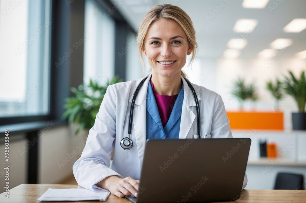 European female family doctor in white coat using laptop at desk, smiling confidently in a modern clinic setting European female family doctor in white coat using laptop at desk, smiling confidently in a modern clinic setting