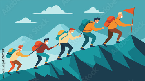 A group of hikers on a challenging trek are motivated and supported by each others warrior spirit to keep pushing through until they reach the