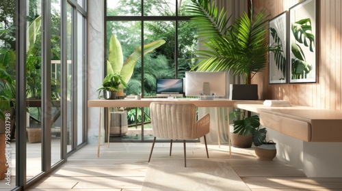 A home office with a large windows, lots of plants, and a wooden desk and chair.
