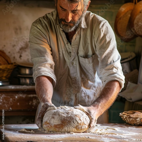 A man kneads bread dough on a wooden table.