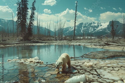 A polar bear is walking in a lake with a lot of trees in the background