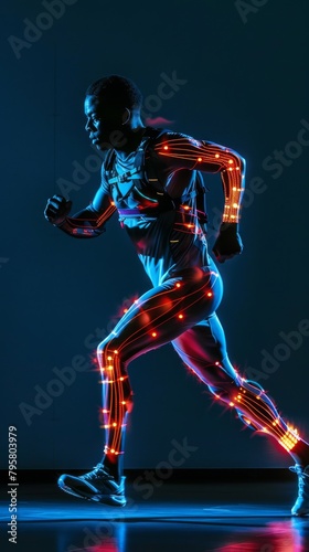 A man wearing a futuristic running suit with glowing red and blue lights. © Nawarit