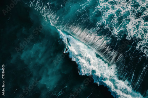 Aerial view of a surfer riding a majestic wave. Generative AI image photo