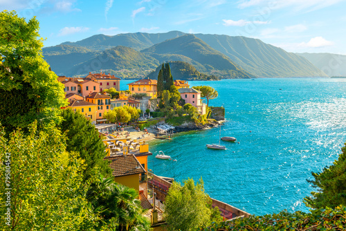 Hillside view of the colorful, picturesque lakefront village of Varenna, Italy, an idyllic Italian medieval town on the shores of Lake Como, in the Lombardy region of Northern Italy.