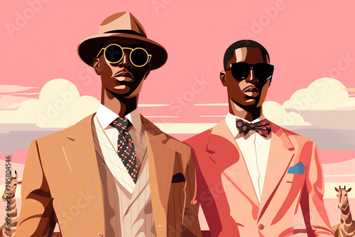 Stylish men in suits with retro vibe against pink sky. Generative AI image