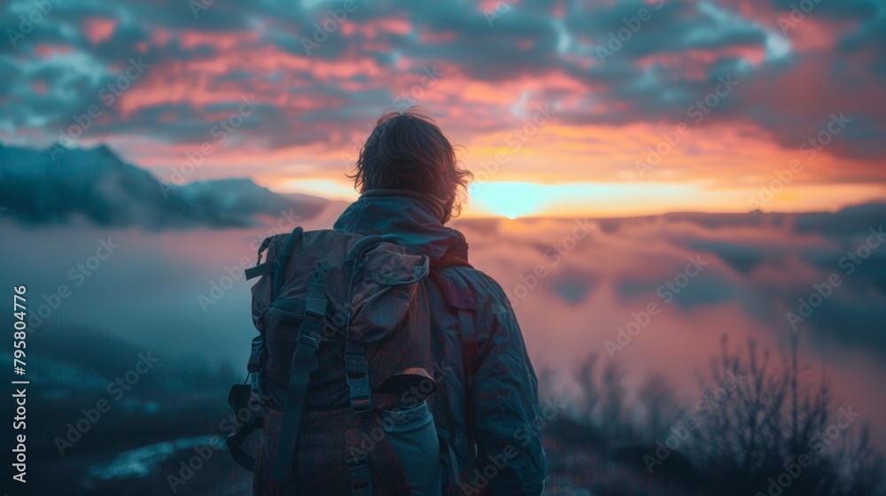 A man is standing on a mountain top with a backpack on A man is standing on a mountain top with a backpack on