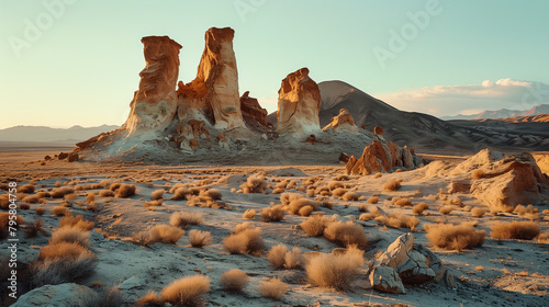 Golden hour in a rugged sandstone desert. Generative AI image photo