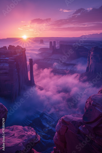 Majestic Sunrise Over Sandstone Desert and Mist. Generative AI image photo
