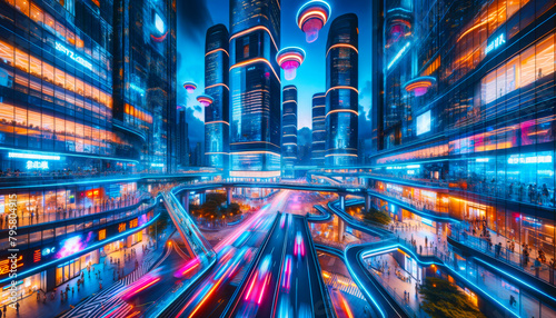 Twilight panorama of a futuristic city aglow with neon blues and pinks, symbolizing progress and energy.