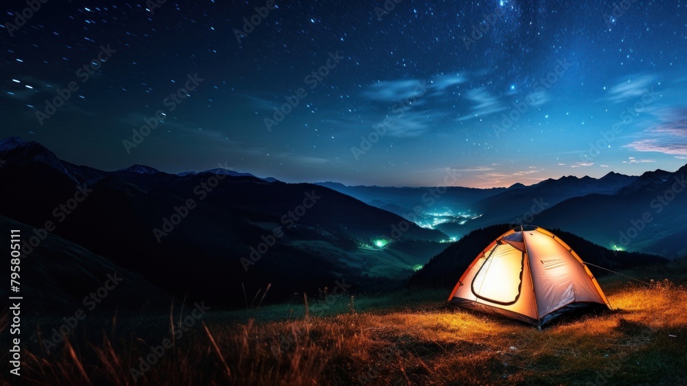 Photo of a tent, in a grass land, moutain in the background, at night, sky full of stars