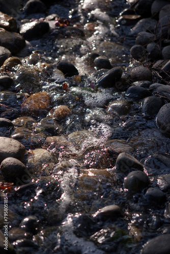 Clear creek water flowing over stones and rocks