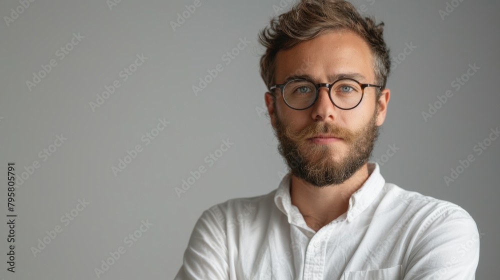 Obraz premium A man with glasses and a beard is standing in front of a white background
