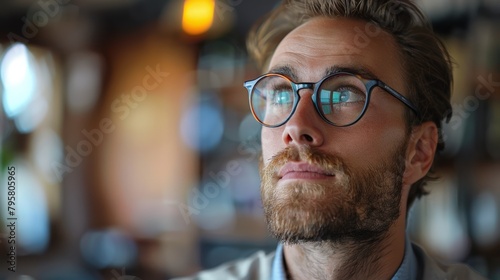 A man with glasses is looking at something