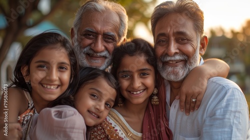 A family of four, including a grandfather, are smiling and hugging each other photo