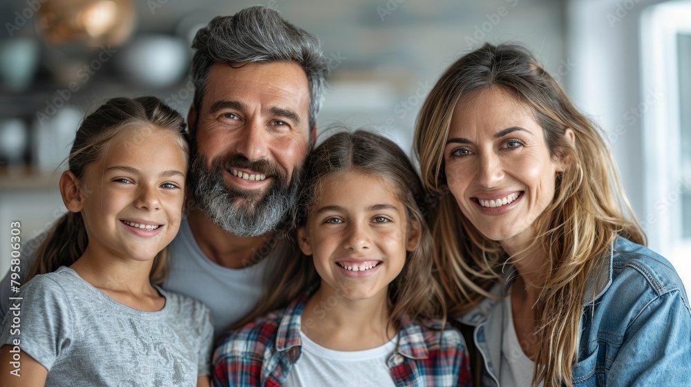 A family of four, including a man and three children, are smiling for the camera A family of four, including a man and three children, are smiling for the camera