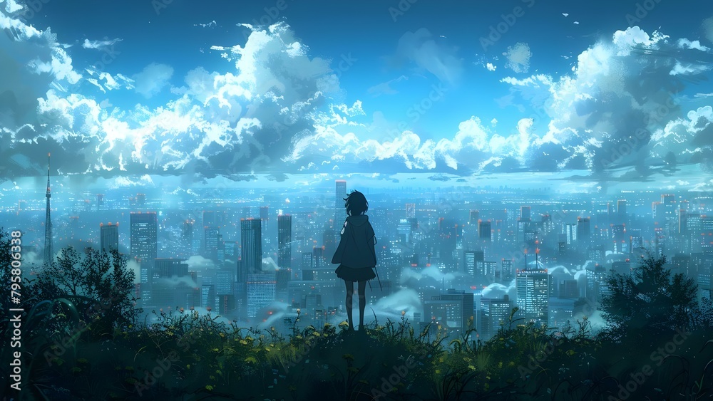 A melancholic anime girl gazes at an urban skyline in mangainspired art. Concept Anime, Melancholic, Urban Skyline, Manga Art, Gazing