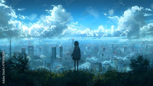 A melancholic anime girl gazes at an urban skyline in mangainspired art. Concept Anime, Melancholic, Urban Skyline, Manga Art, Gazing