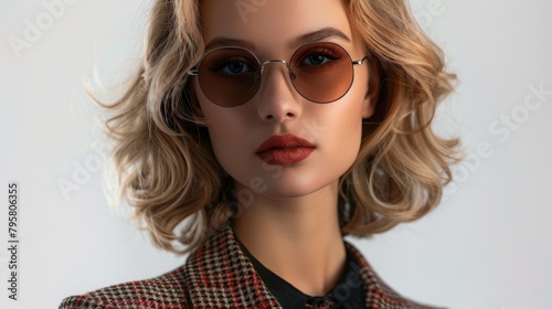 A woman with blonde hair and a red lipstick is wearing sunglasses