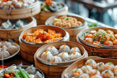 A variety of Chinese food is displayed in a buffet style. The food includes dumplings, noodles, and other dishes. The presentation is colorful and appetizing