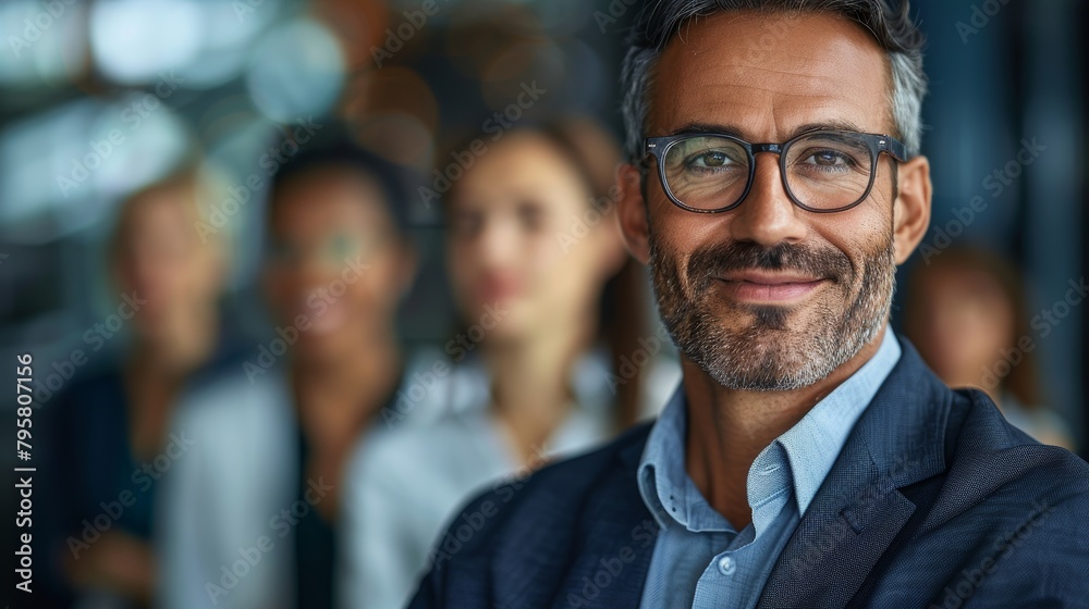 A man with glasses is smiling and posing for a photo with a group of people A man with glasses is smiling and posing for a photo with a group of people