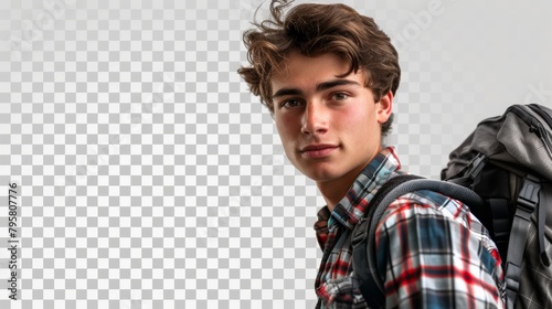 A young man with a backpack is standing in front of a white background