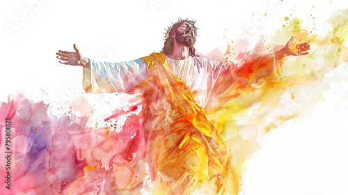 portrait of jesus of nazareth in watercolor painting isolated against white background
