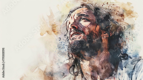 portrait of jesus of nazareth in watercolor painting isolated against white background
 photo