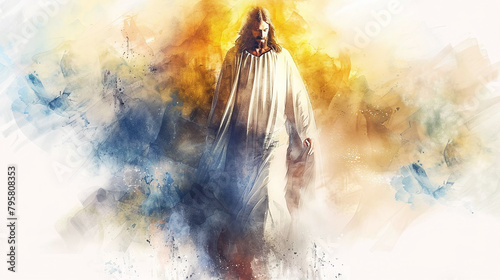 portrait of jesus of nazareth in watercolor painting isolated against white background 