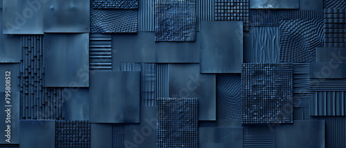 an abstract design composed of overlapping dark blue panels. Each panel exhibits a distinct texture, ranging from smooth surfaces to dotted patterns photo