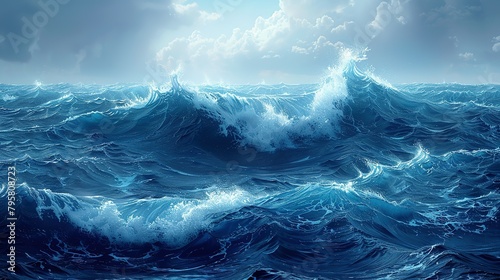Aqua Tempest: Close-Up Illustration of Turbulent Blue Waves © Dawna