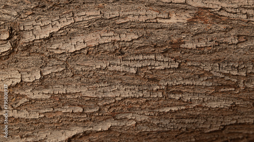 The bark of a tree is rough and has many cracks. The texture of the bark is uneven and jagged