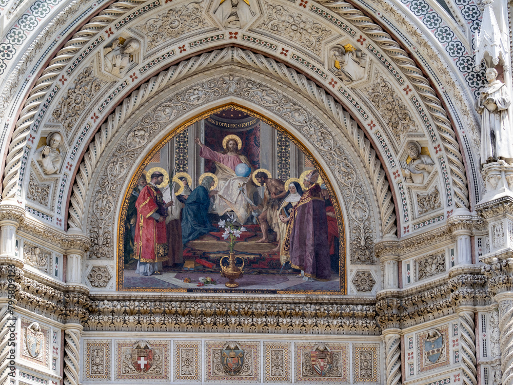 Central portal lunette mosaic (by Niccolo Barabino),  “Christ Enthroned with Mary and St. John the Baptist”, Santa Maria del Fiore, Florence