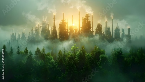 Create a digital artwork of a green city where industry and nature coexist in vibrant harmony. Concept Cityscape, Sustainable Living, Urban Environment, Nature Conservation, Green Technology
