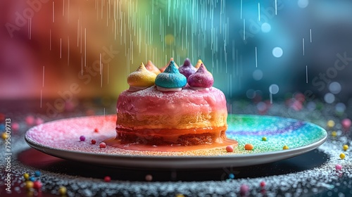 Rainbow cake on a plate with colorful sprinkles on a colorful background photo