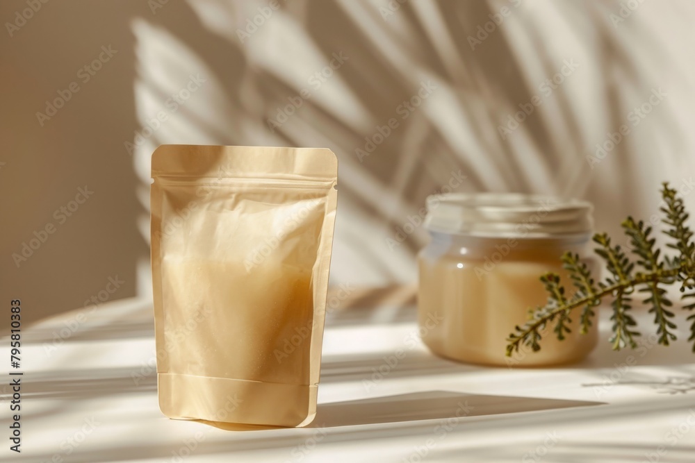 Mockup of paper packaging on table, eco zip bag in beige and pastel tones, wall background with trees shadows. Aesthetic packaging with space for text, advertisement of baby food, storefront display. Mockup of paper packaging on table, eco zip bag in beige and pastel tones, wall background with trees shadows. Aesthetic packaging with space for text, advertisement of baby food, storefront display.