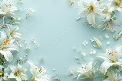 Beautiful white lilies arranged elegantly on a captivating blue backdrop. Copy space, top view