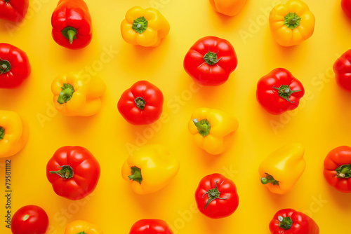 Red and yellow bell peppers on a bright yellow background