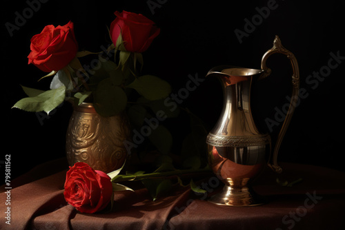 Classical still life with roses in a messing vase photo
