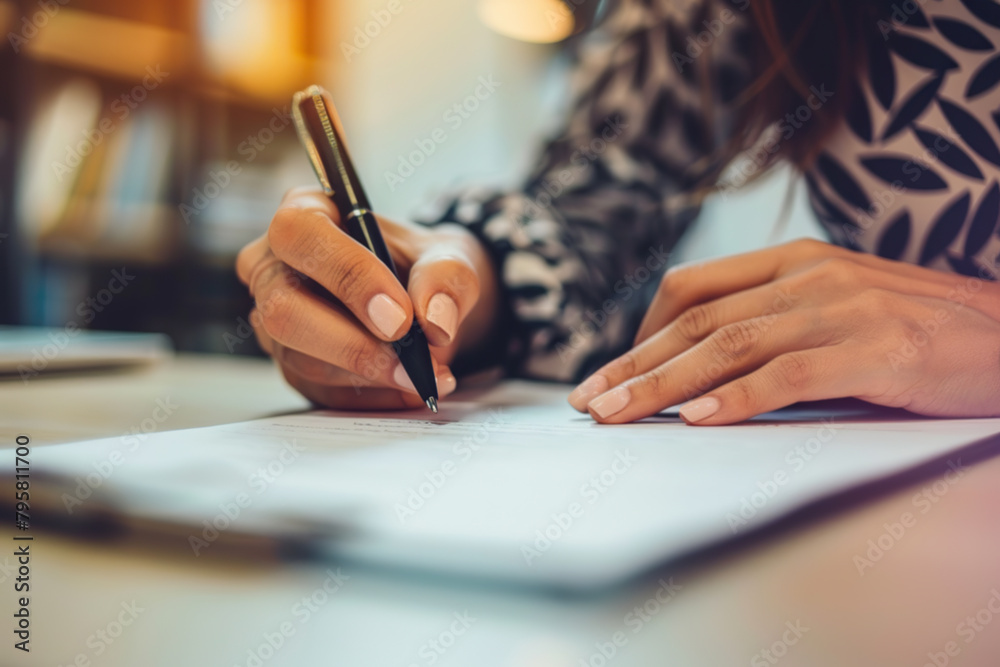 A female hand is writing on a piece of paper