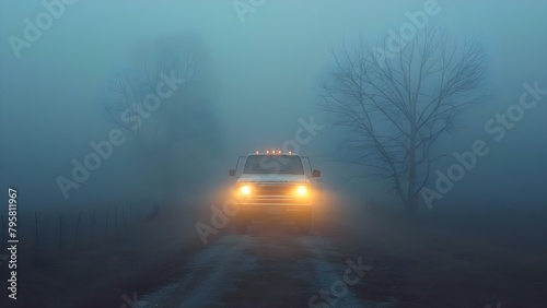 Eerie Atmosphere on Foggy Country Road: Truck with Headlights Driving in Low Visibility. Concept Foggy Scenery, Country Road, Eerie Atmosphere, Low Visibility, Truck with Headlights