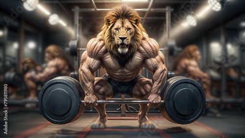 majestic, muscular lion lifting heavy weights at the gym photo