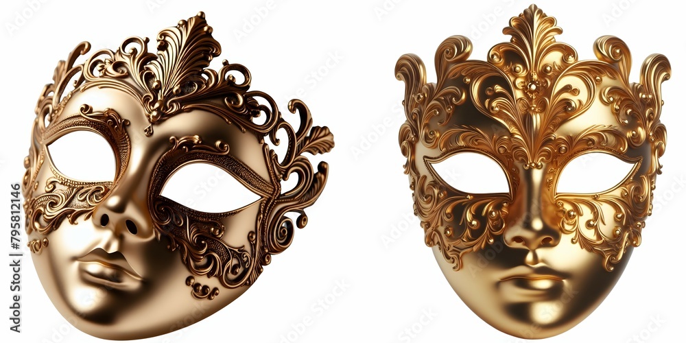 two gold-colored masks with decorative details.. cut out