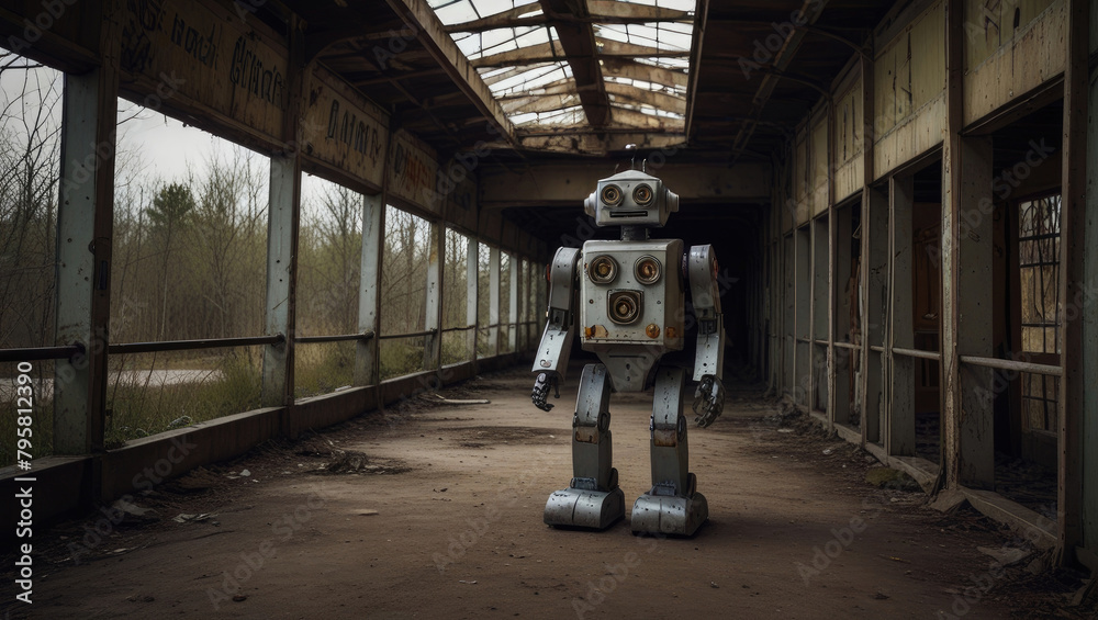 small cybernetic robot with the appearance of a child parked in an abandoned place small cybernetic robot with the appearance of a child parked in an abandoned place