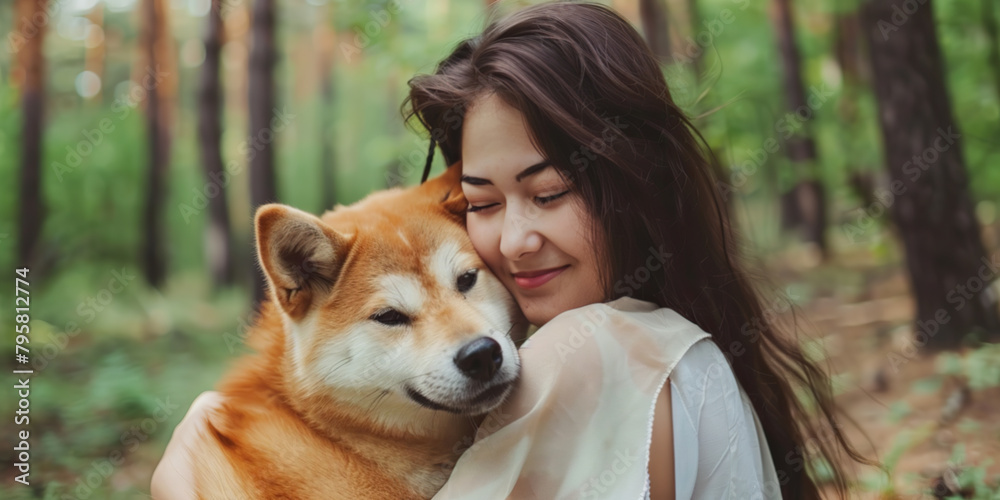 Young 20s brunette woman embracing her dog. Female with her loyal dog. Heartwarming friendship - girl with beloved pet. Companionship in nature and serene moments concept Young 20s brunette woman embracing her dog. Female with her loyal dog. Heartwarming friendship - girl with beloved pet. Companionship in nature and serene moments concept