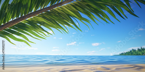 Tropical summer beach with palm leaves and blue sky