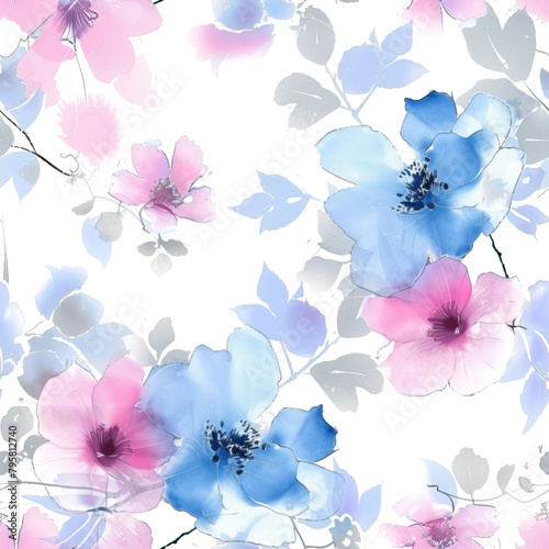 Seamless pattern of blue and pink flowers on white background